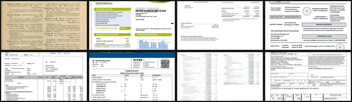 Grid of source documents from the benchmark set, including a reference directory, an invoice, a bank statement, an insurance policy, a payslip, a lab report, a financial account, and a shipping document