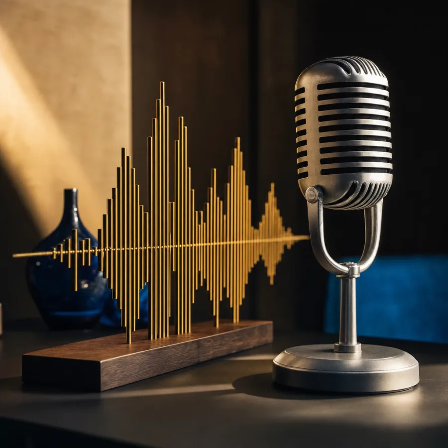 Studio microphone beside a sculptural waveform
