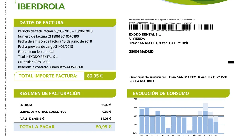 A Spanish Iberdrola electricity invoice