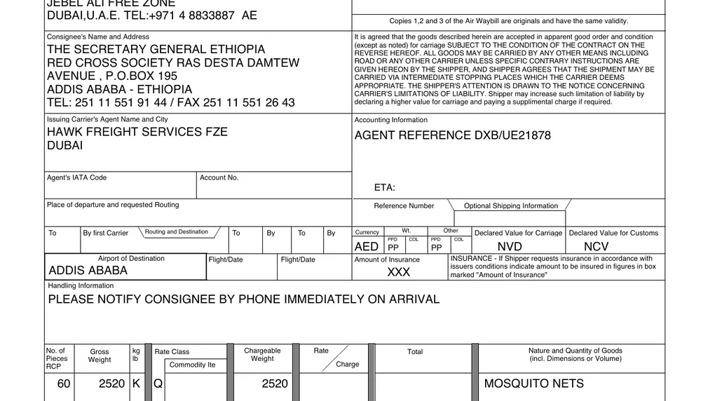 An Ethiopian air waybill